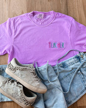 Load image into Gallery viewer, Teacher Embroidered Comfort Colors Tee | Multicolor Stitch: Purple
