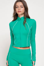 Load image into Gallery viewer, Long Sleeve Piping Detail Active Wear Jacket: GRN-jade green/off white / M
