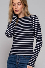 Load image into Gallery viewer, Long Sleeve Crew Neck Yarn Dyed Stripe Knit Top: WHT-WHITE/BLACK / M
