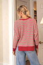Load image into Gallery viewer, STRIPE EXPOSED SEAM SPLIT HEM LONG SLEEVE KNIT TOP (PRE-ORDER): BLACK
