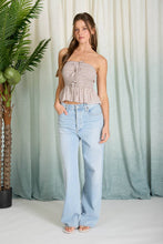 Load image into Gallery viewer, PLAID STRAPLESS FRONT TIE RUFFLE HEM TOP: BROWN
