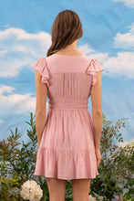 Load image into Gallery viewer, V NECK SHORT SLEEVE RUFFLE DETAIL SHIRRED MINI DRE: PINK
