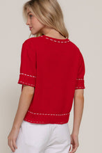 Load image into Gallery viewer, Short Sleeve Round Neck Sweater with Contrast Color Stitch: WHT-white/black / S
