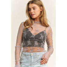 Load image into Gallery viewer, MESH LACE HIGH NECK DESIGN LONG SLEEVE FITTED TOP: Brown
