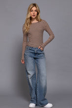 Load image into Gallery viewer, Long Sleeve Boat Neck Stripe Brushed Rib Top: BLK-black/cream / S
