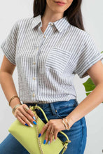 Load image into Gallery viewer, STRIPE COLLARED SHORT SLEEVE LINEN SHIRT: KHAKI
