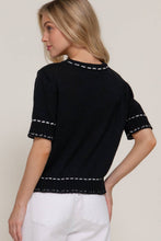 Load image into Gallery viewer, Short Sleeve Round Neck Sweater with Contrast Color Stitch: WHT-white/black / M
