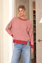 Load image into Gallery viewer, STRIPE EXPOSED SEAM SPLIT HEM LONG SLEEVE KNIT TOP (PRE-ORDER): BLACK

