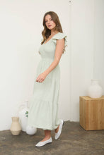 Load image into Gallery viewer, FLUTTER SLEEVE V NECK SMOCKED MIDI DRESS: LIGHT OLIVE
