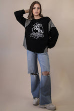 Load image into Gallery viewer, Oversized Mixed Media Western Graphic Knit Top: TAUPE
