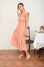 Load image into Gallery viewer, FLUTTER SLEEVE V NECK SMOCKED MIDI DRESS: LIGHT OLIVE
