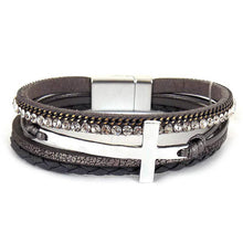 Load image into Gallery viewer, Hammered Cross Leather Strap Magnetic Bracelet: Black

