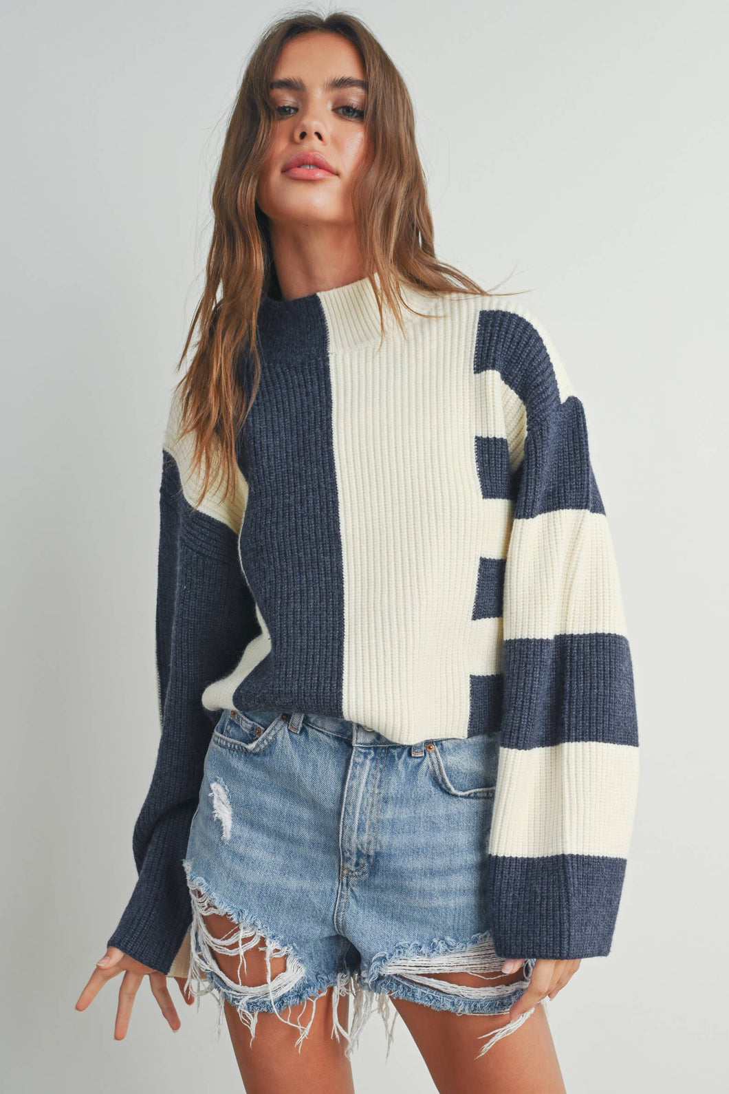 Color Block Mock Turtleneck Sweater: NAVY / IVORY