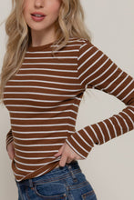 Load image into Gallery viewer, Long Sleeve Crew Neck Yarn Dyed Stripe Knit Top: WHT-WHITE/BLACK / L
