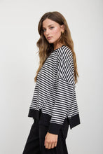 Load image into Gallery viewer, STRIPE EXPOSED SEAM SPLIT HEM LONG SLEEVE KNIT TOP (PRE-ORDER): BLACK
