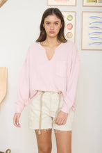 Load image into Gallery viewer, SPLIT NECK RAW EDGE LONG SLEEVE RIBBED KNIT TOP: LIGHT PINK

