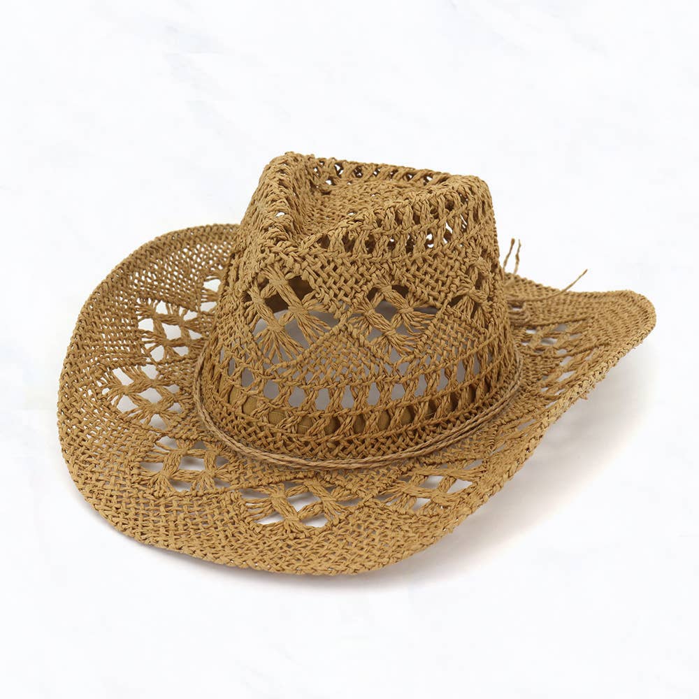 Western Style Cowboy Handmade Woven Straw Hat: Khaki