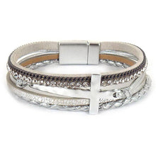 Load image into Gallery viewer, Hammered Cross Leather Strap Magnetic Bracelet: Black
