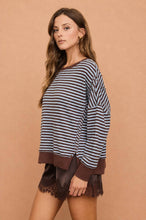 Load image into Gallery viewer, STRIPE EXPOSED SEAM SPLIT HEM LONG SLEEVE KNIT TOP (PRE-ORDER): BLACK

