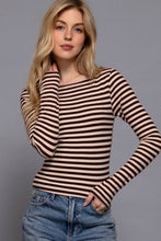 Load image into Gallery viewer, Long Sleeve Boat Neck Stripe Brushed Rib Top: BLK-black/cream / S
