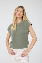 Load image into Gallery viewer, ACID WASHED TAB SLEEVE BACK BUTTON KNIT TOP: INDIGO

