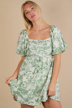 Load image into Gallery viewer, Printed Puff Sleeve Mini Dress: BLUE
