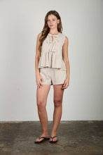 Load image into Gallery viewer, STRIPE FRONT TIE SLEEVELESS RUFFLE HEM TOP: MOCHA
