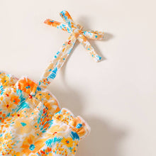 Load image into Gallery viewer, Toddler Girl Bowknot Stripe/Floral Print/Orange Cami Romper: Orangewhite / 18-24 Months
