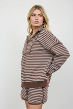 Load image into Gallery viewer, HALF ZIP STRIPE CONTRAST TRIM LONG SLEEVE KNIT TOP : CHOCOLATE BROWN
