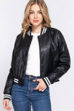 Load image into Gallery viewer, Long Sleeve Quilted PU Faux Leather Bomber Jacket: BLK-black / M
