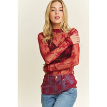 Load image into Gallery viewer, MESH LACE HIGH NECK DESIGN LONG SLEEVE FITTED TOP: Burgundy
