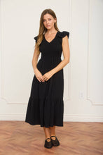 Load image into Gallery viewer, FLUTTER SLEEVE V NECK SMOCKED MIDI DRESS: LIGHT OLIVE
