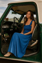 Load image into Gallery viewer, SMOCKED RUFFLE STRAP DENIM MIDI DRESS: DENIM
