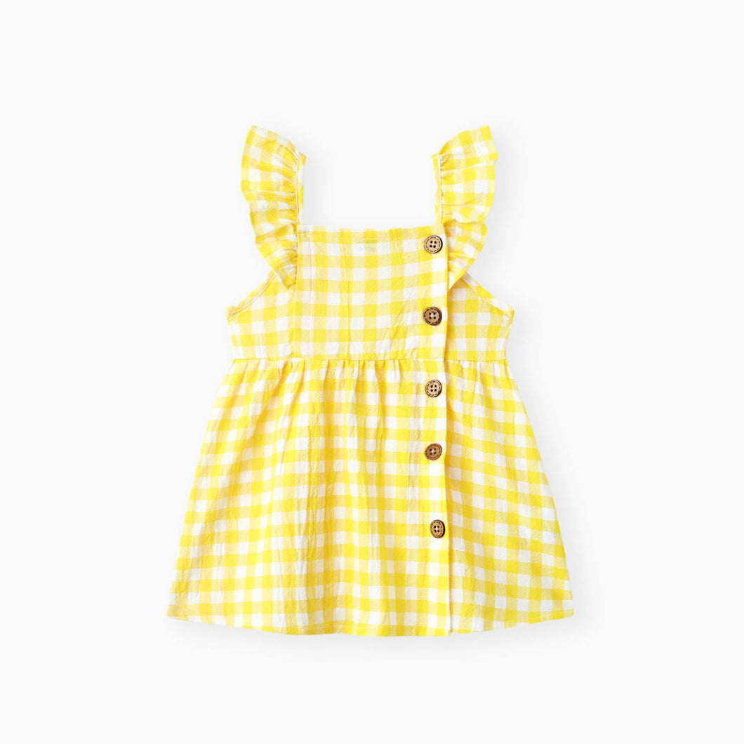 Single-Piece Baby Girl Plaid and Lemon Fruit-Themed Dress: Pale Yellow / 18-24 Months