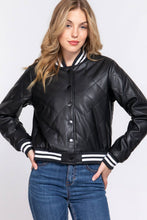 Load image into Gallery viewer, Long Sleeve Quilted PU Faux Leather Bomber Jacket: BLK-black / M
