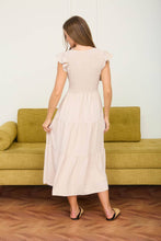 Load image into Gallery viewer, FLUTTER SLEEVE V NECK SMOCKED MIDI DRESS: LIGHT OLIVE
