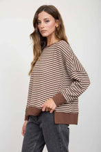 Load image into Gallery viewer, STRIPE EXPOSED SEAM SPLIT HEM LONG SLEEVE KNIT TOP (PRE-ORDER): BLACK
