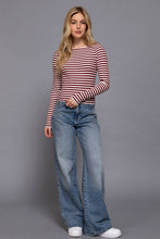 Load image into Gallery viewer, Long Sleeve Boat Neck Stripe Brushed Rib Top: BLK-black/cream / M
