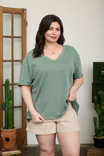 Load image into Gallery viewer, PLUS WASHED RELAXED SHORT SLEEVE V NECK KNIT TOP: VINTAGE BLUE
