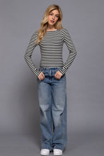 Load image into Gallery viewer, Long Sleeve Boat Neck Stripe Brushed Rib Top: BLK-black/cream / S
