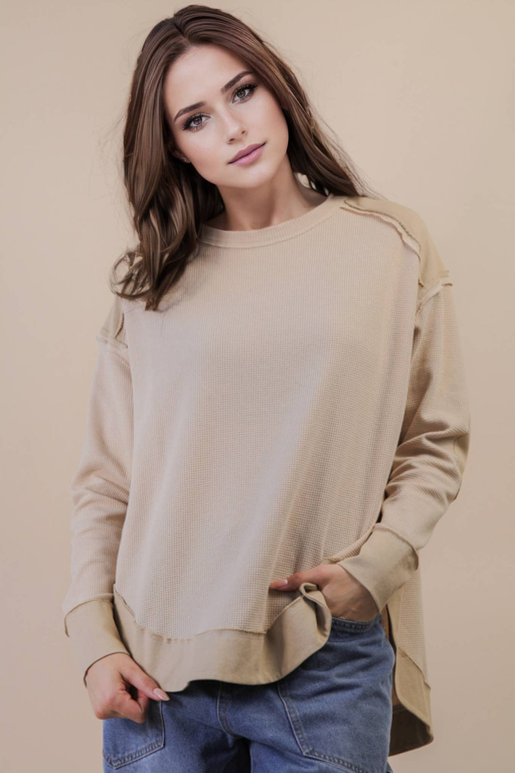 Mineral Washed Elbow Patch Contrast Knit Top: MOCHA