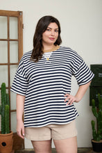 Load image into Gallery viewer, PLUS STRIPE COLORBLOCK DETAIL SHORT SLEEVE KNIT T-SHIRT : BLACK MULTI
