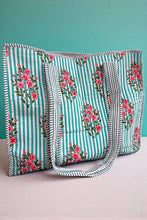 Load image into Gallery viewer, Cottage Garden Blue Striped Tote Bag
