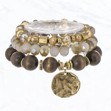 Load image into Gallery viewer, 3 Layered Wood Ball, Glass, Coin Stretch Bracelet: White
