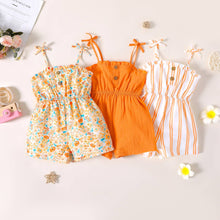 Load image into Gallery viewer, Toddler Girl Bowknot Stripe/Floral Print/Orange Cami Romper: Orangewhite / 18-24 Months
