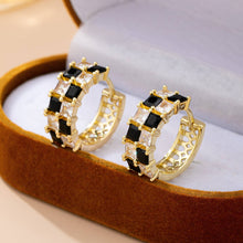 Load image into Gallery viewer, Checker Black &amp; Crystal Baguette Hoop Earrings | GOLD
