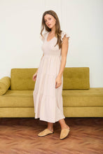 Load image into Gallery viewer, FLUTTER SLEEVE V NECK SMOCKED MIDI DRESS: LIGHT OLIVE
