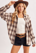 Load image into Gallery viewer, BUTTON DOWN FLANNEL PLAID SHIRT TOP: IVORY/BROWN
