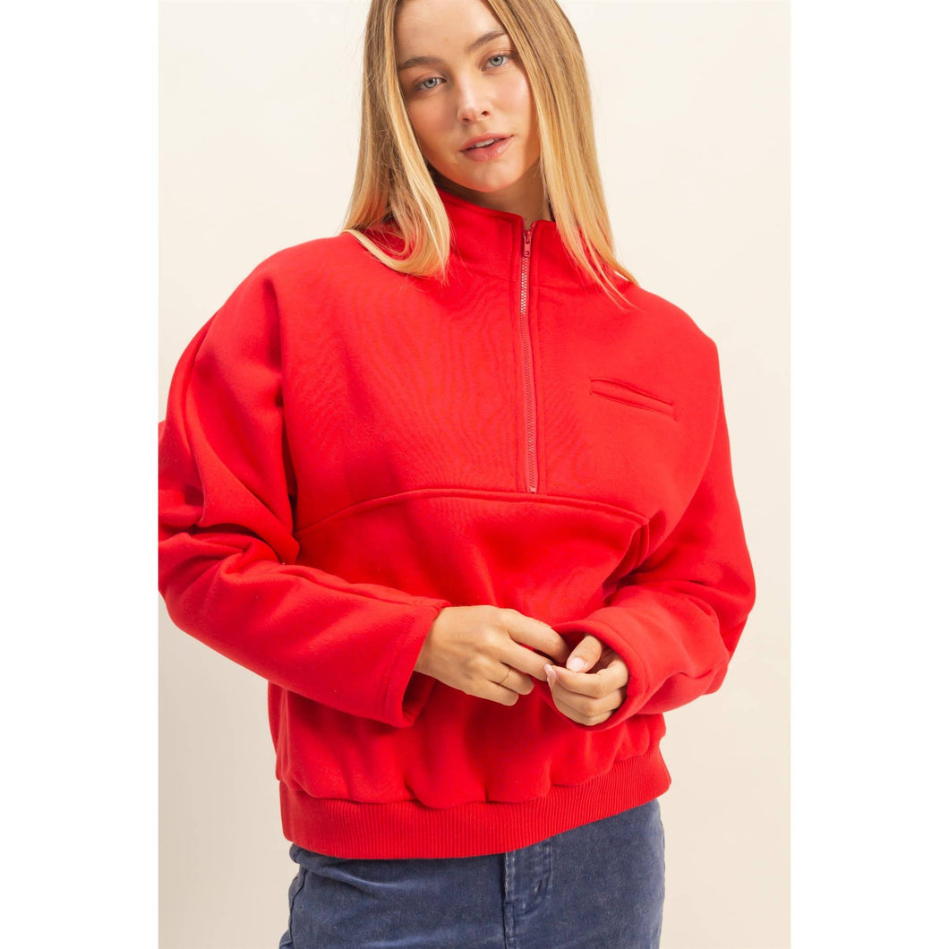 Comfy Half Zip Fleece Sweatshirt: TOMATO