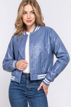 Load image into Gallery viewer, Long Sleeve Quilted PU Faux Leather Bomber Jacket: BLK-black / M

